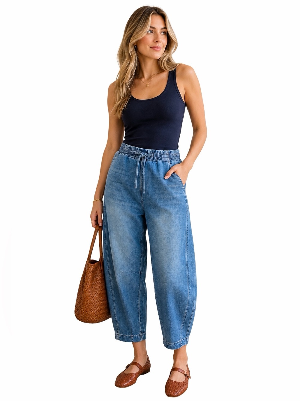 OAT New York Cloud Luxe Denim Barrel Jeans Size 10/30 Blue High Waist Crop